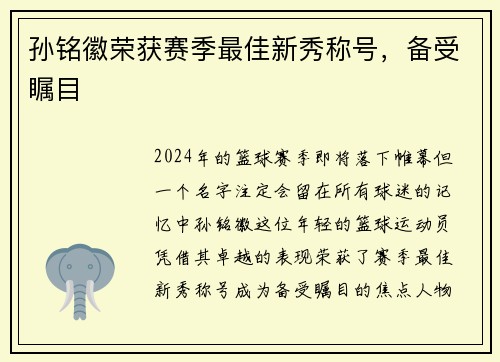 孙铭徽荣获赛季最佳新秀称号，备受瞩目