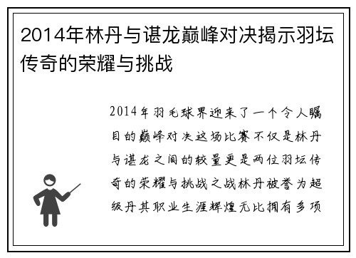 2014年林丹与谌龙巅峰对决揭示羽坛传奇的荣耀与挑战