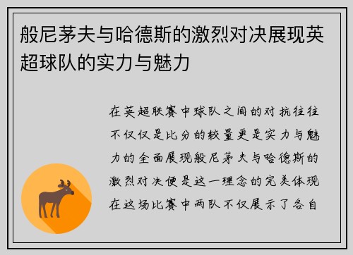 般尼茅夫与哈德斯的激烈对决展现英超球队的实力与魅力