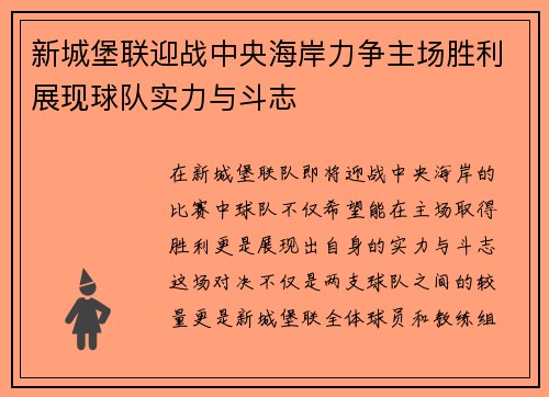 新城堡联迎战中央海岸力争主场胜利展现球队实力与斗志