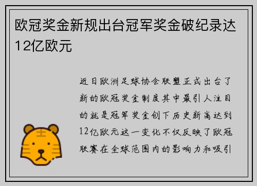 欧冠奖金新规出台冠军奖金破纪录达12亿欧元
