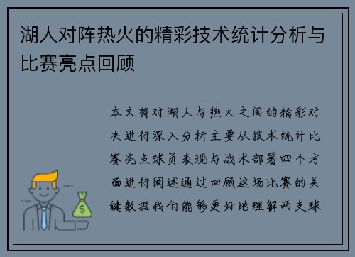 湖人对阵热火的精彩技术统计分析与比赛亮点回顾
