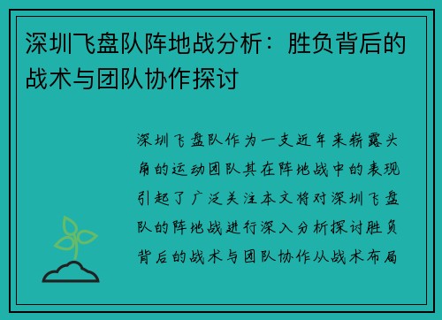深圳飞盘队阵地战分析：胜负背后的战术与团队协作探讨