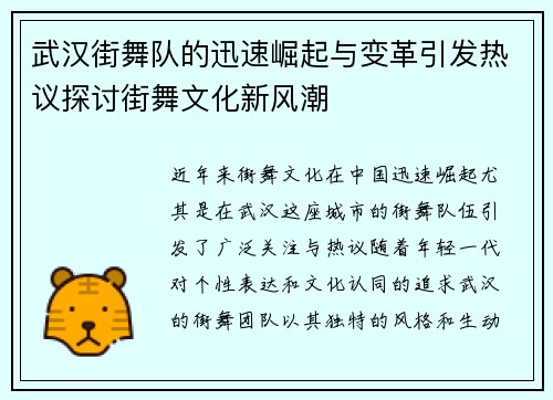 武汉街舞队的迅速崛起与变革引发热议探讨街舞文化新风潮