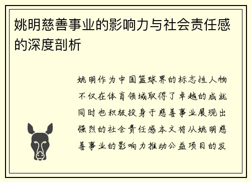 姚明慈善事业的影响力与社会责任感的深度剖析
