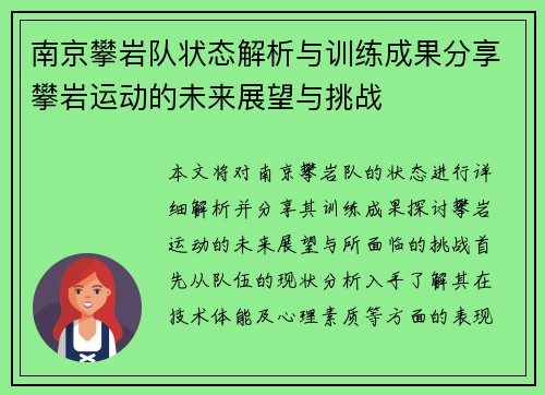 南京攀岩队状态解析与训练成果分享攀岩运动的未来展望与挑战