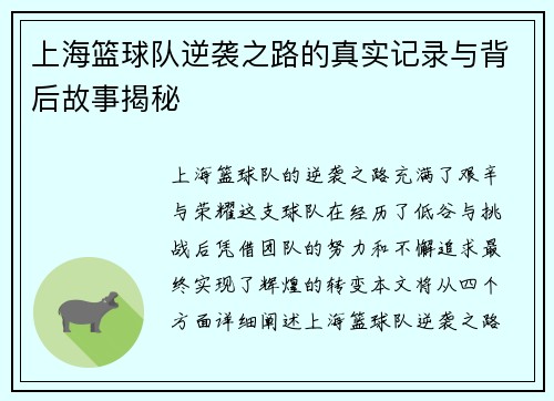 上海篮球队逆袭之路的真实记录与背后故事揭秘