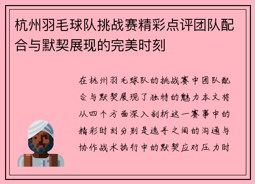 杭州羽毛球队挑战赛精彩点评团队配合与默契展现的完美时刻