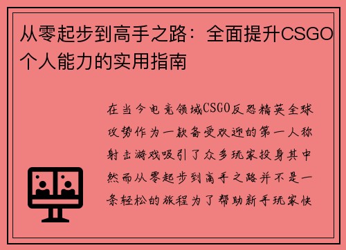从零起步到高手之路：全面提升CSGO个人能力的实用指南
