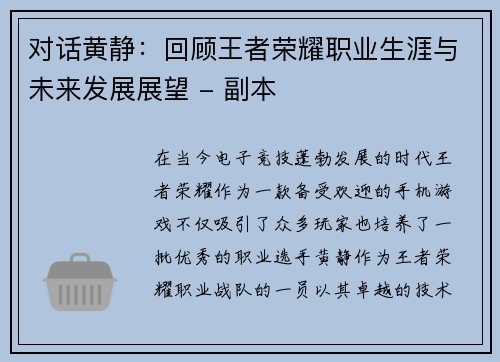 对话黄静：回顾王者荣耀职业生涯与未来发展展望 - 副本