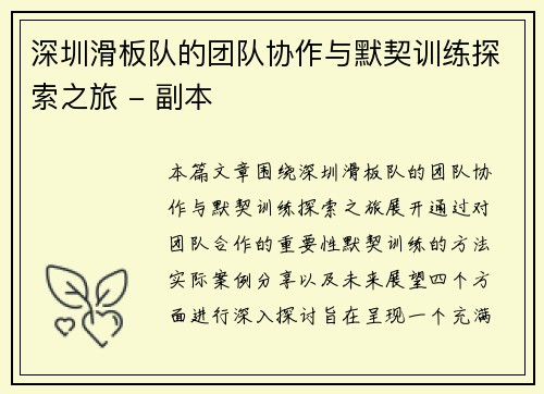 深圳滑板队的团队协作与默契训练探索之旅 - 副本