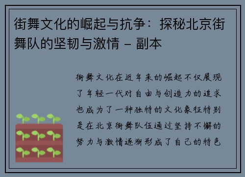 街舞文化的崛起与抗争：探秘北京街舞队的坚韧与激情 - 副本