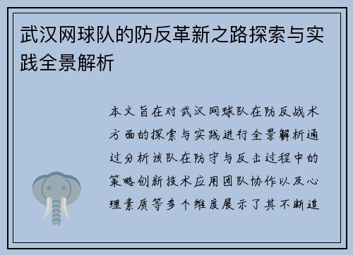 武汉网球队的防反革新之路探索与实践全景解析